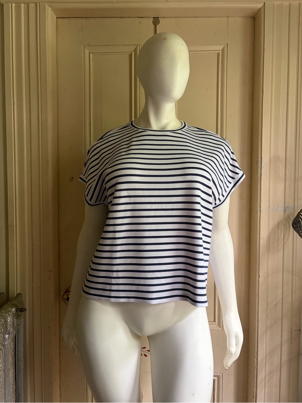 T by Talbots White Top with Navy Stripes - Short Sleeve